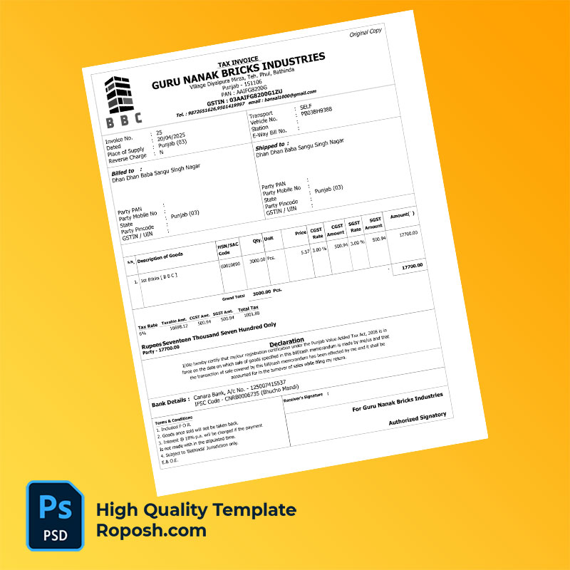 India Guru Nanak Bricks Industries Editable Tax Invoice Template in Word and PDF formats India Guru Nanak Bricks Industries Editable Tax Invoice Template in Word and PDF formats