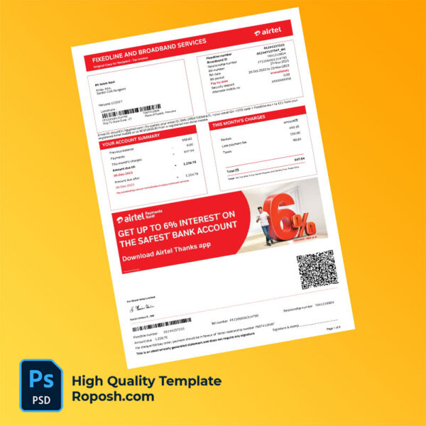 India Haryana Bharti Airtel Limited Editable Fixedline and Broadband Bill Template in Word and PDF formats