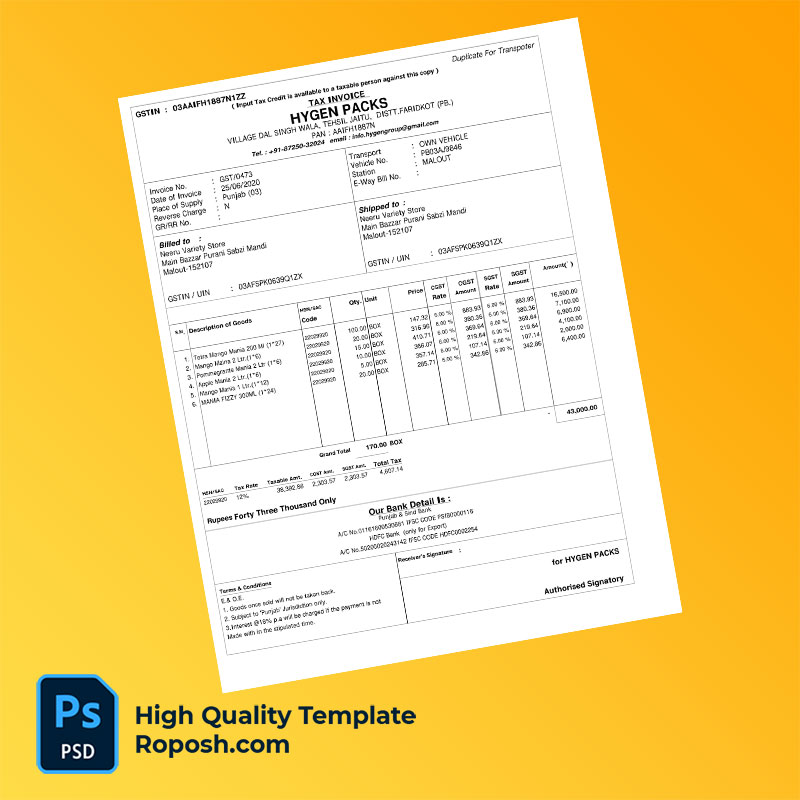 India Hygen Packs Editable Tax Invoice Template in Word and PDF formats India Hygen Packs Editable Tax Invoice Template in Word and PDF formats