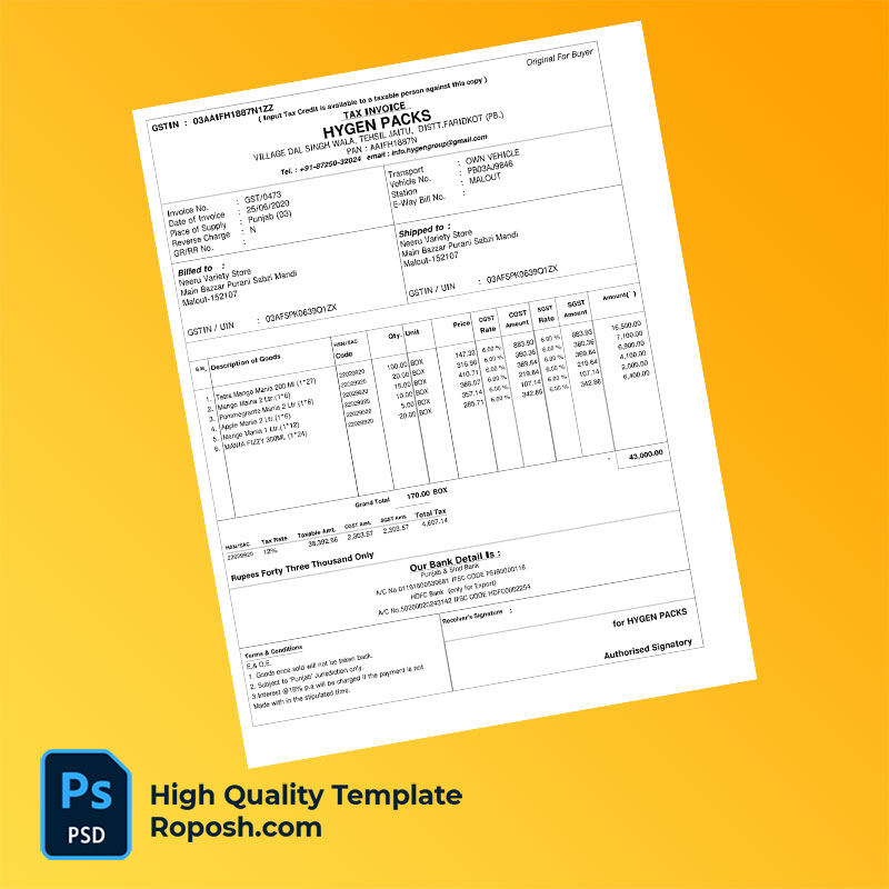 India Hygen Packs Editable Tax Invoice Template in Word and PDF formats India Hygen Packs Editable Tax Invoice Template in Word and PDF formats