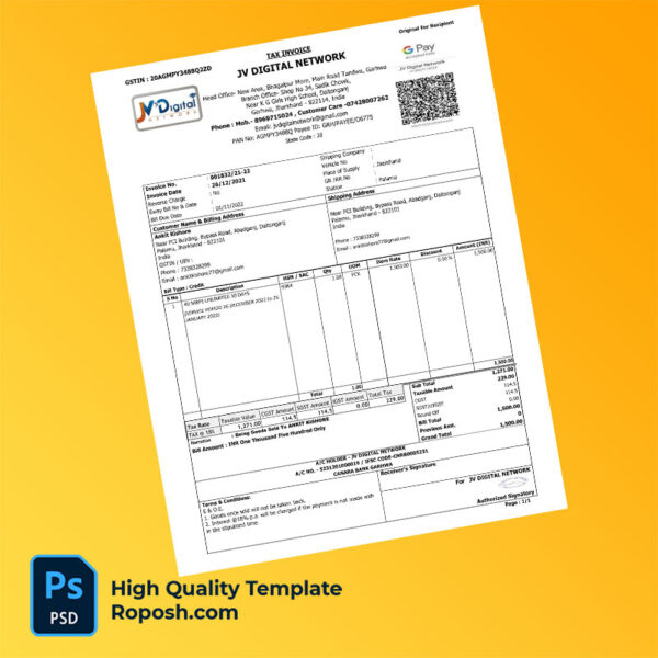 India JV Digital Network Editable Tax Invoice Template in Word and PDF formats