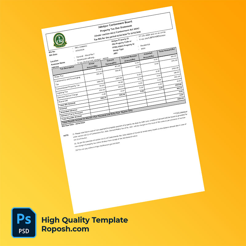 India Jabalpur Cantonment Board Editable Property Tax Due Statement Template in Word and PDF formats India Jabalpur Cantonment Board Editable Property Tax Due Statement Template in Word and PDF formats