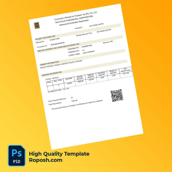 India Kolkata Municipal Corporation Editable Property Tax Receipt Template in Word and PDF formats