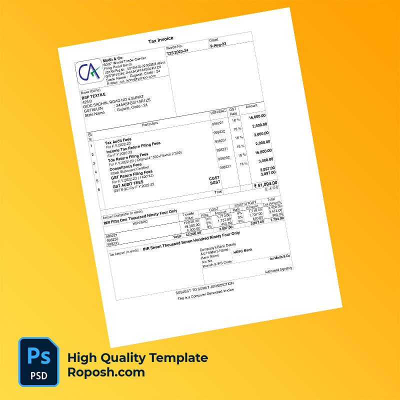 India Modh & Co Editable Tax Invoice Template in Word and PDF formats India Modh & Co Editable Tax Invoice Template in Word and PDF formats