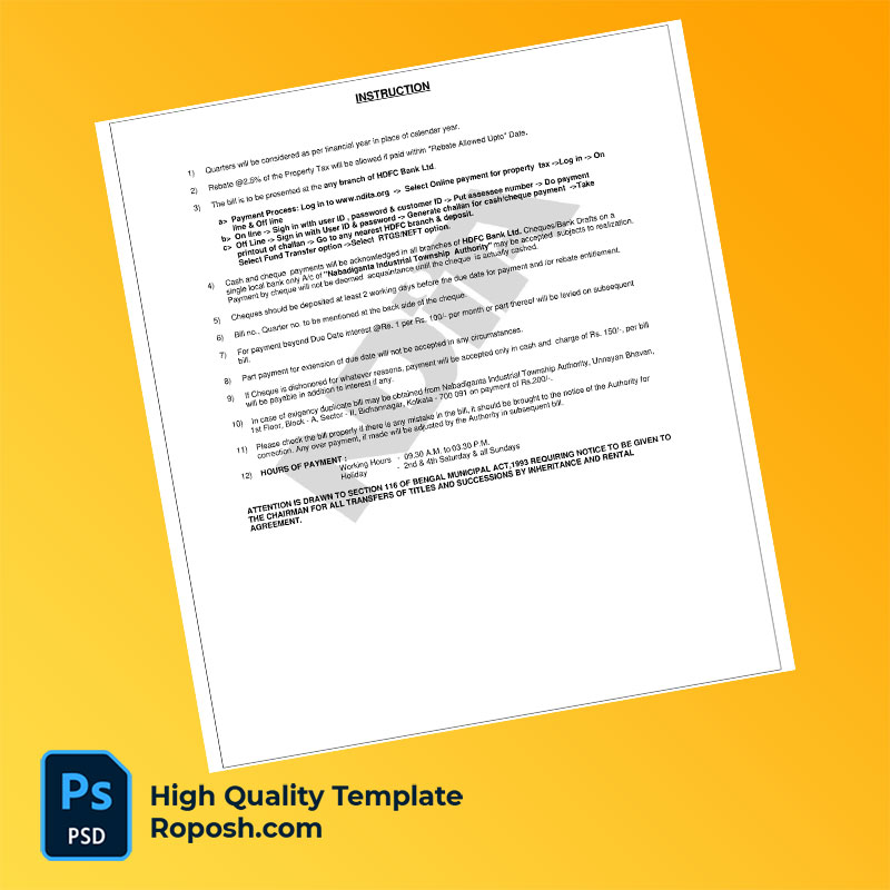 India Nabadiganta Industrial Township Authority Editable Property Tax Bill Template in Word and PDF formats India Nabadiganta Industrial Township Authority Editable Property Tax Bill Template in Word and PDF formats