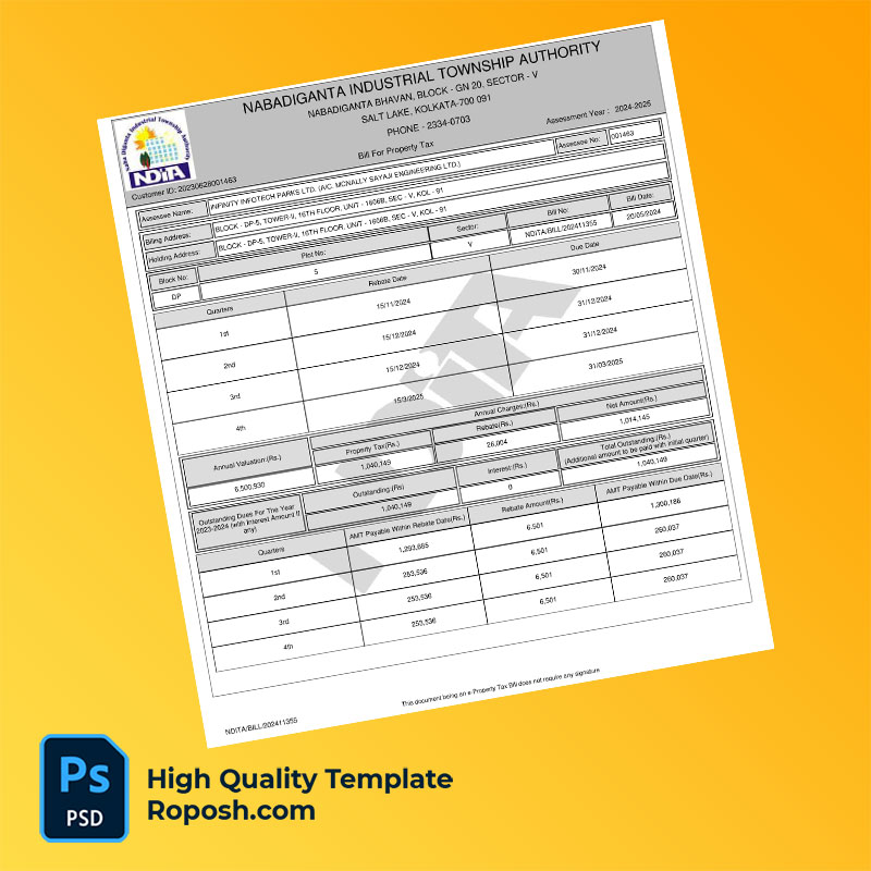India Nabadiganta Industrial Township Authority Editable Property Tax Bill Template in Word and PDF formats India Nabadiganta Industrial Township Authority Editable Property Tax Bill Template in Word and PDF formats