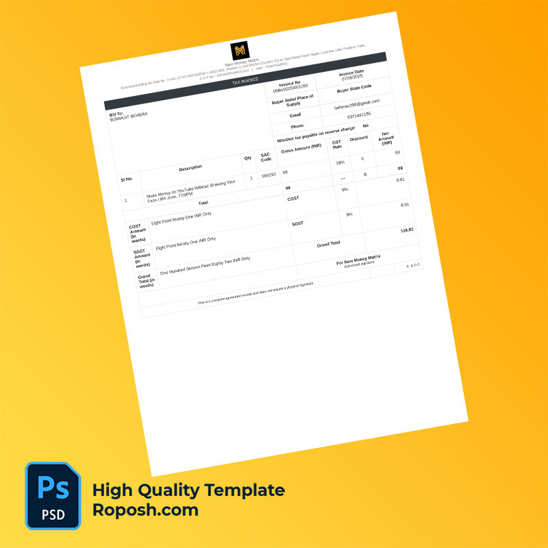 India New Money Matrix Editable Tax Invoice Template in Word and PDF formats India New Money Matrix Editable Tax Invoice Template in Word and PDF formats