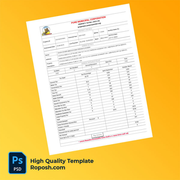 India Pune Municipal Corporation Editable Property Tax Bill Template in Word and PDF formats