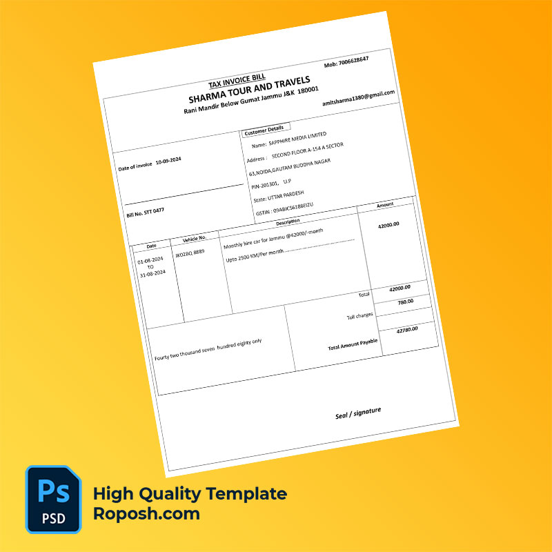 India Sharma Tour and Travels Editable Mobile Tax Invoice Template in Word and PDF formats India Sharma Tour and Travels Editable Mobile Tax Invoice Template in Word and PDF formats
