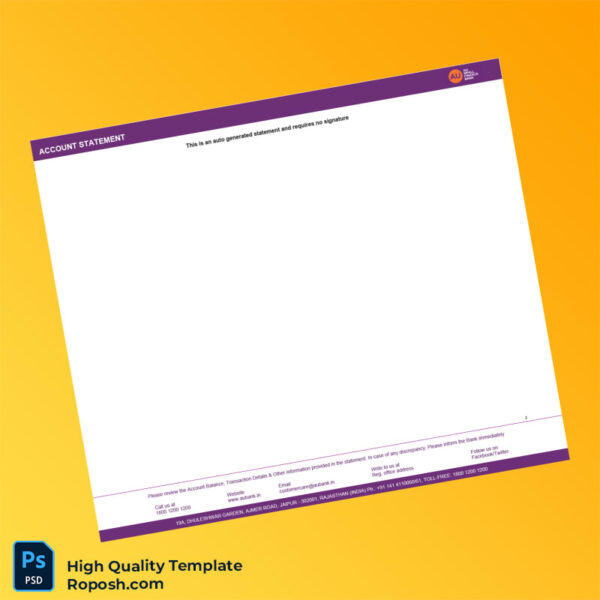 India AU Bank Statement Template in Word and PDF formats 2 page