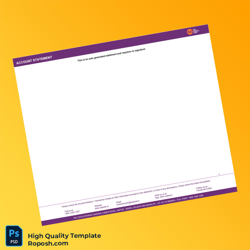 India AU Bank Statement Template in Word and PDF formats 2 page India AU Bank Statement Template in Word and PDF formats 2 page