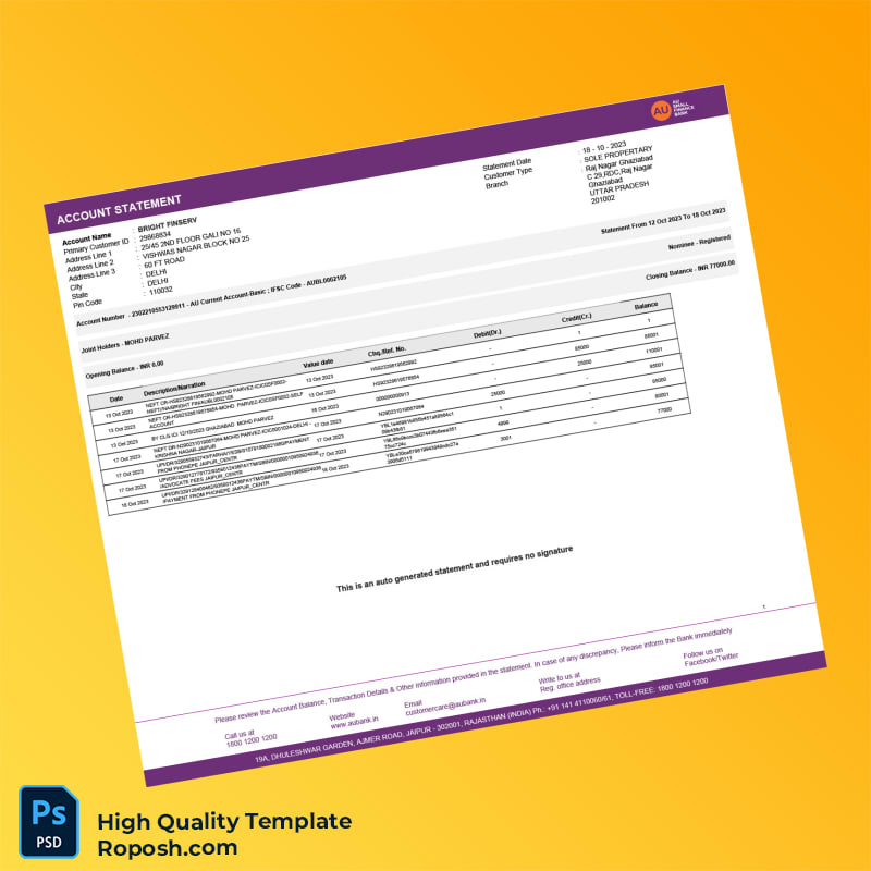 India AUBL Bank Statement Template in Word and PDF formats India AUBL Bank Statement Template in Word and PDF formats