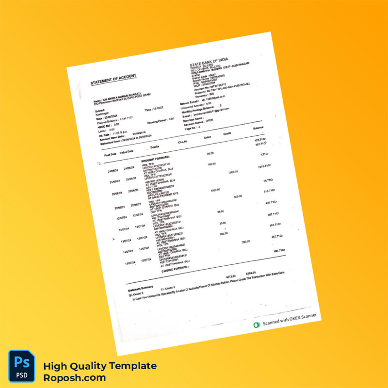 India Amrita Bank Statement Template in Word and PDF formats 3 page India Amrita Bank Statement Template in Word and PDF formats 3 page