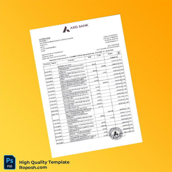 India Axis Bank Balance Certificate Template in Word and PDF formats 3 page