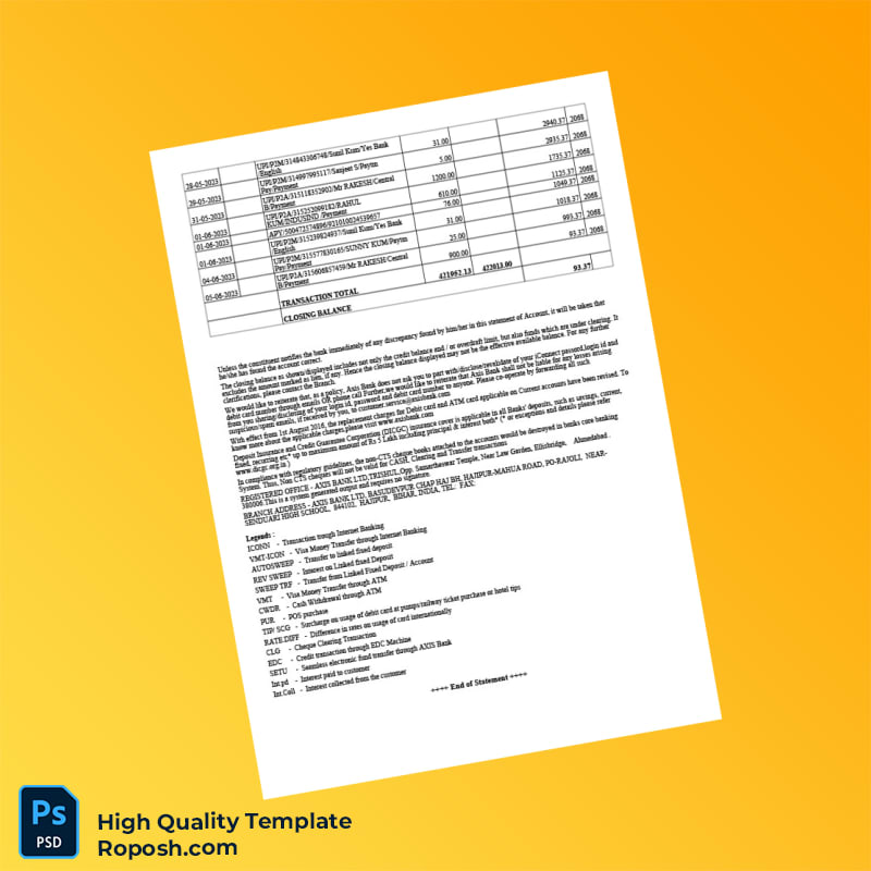 India Axis Bank Bank Statement Template in Word and PDF formats 8 page India Axis Bank Bank Statement Template in Word and PDF formats 8 page