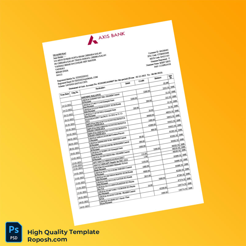India Axis Bank Bank Statement Template in Word and PDF formats 8 page India Axis Bank Bank Statement Template in Word and PDF formats 8 page