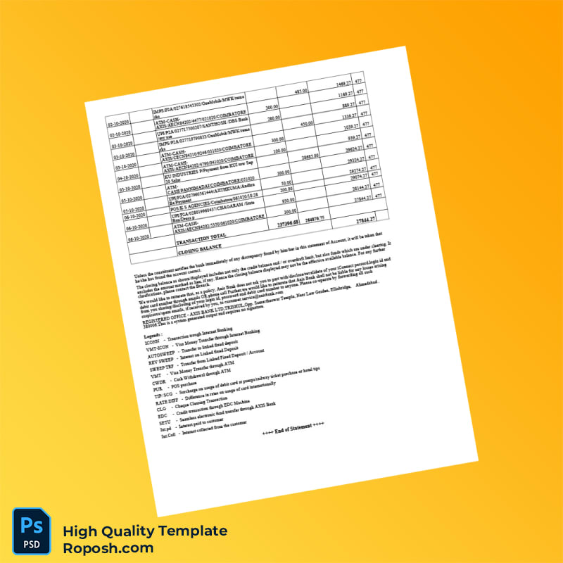 India Axis Bank Statement Template in Word and PDF formats 6 page India Axis Bank Statement Template in Word and PDF formats 6 page