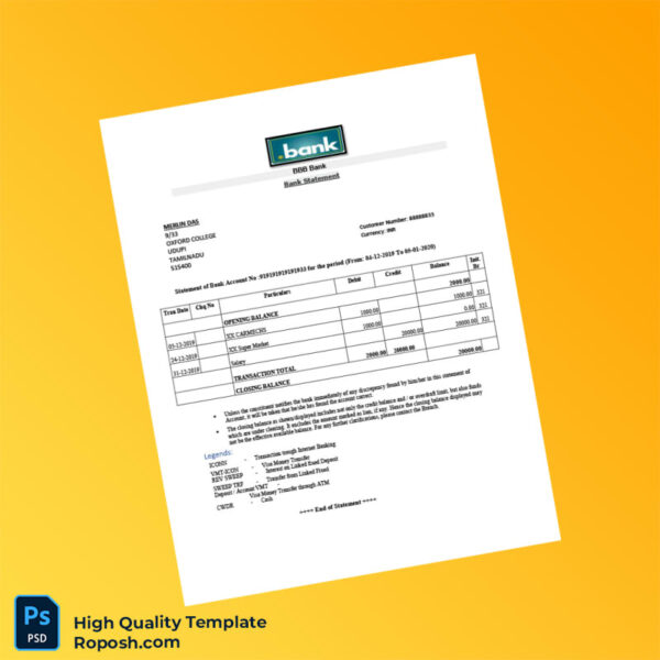 India BBB Bank Statement Template in Word and PDF formats