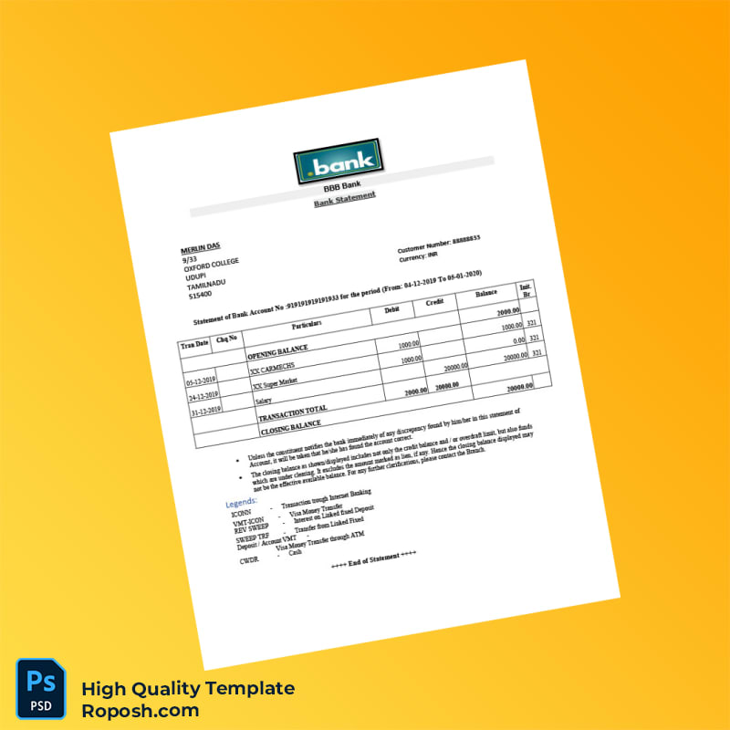 India BBB Bank Statement Template in Word and PDF formats India BBB Bank Statement Template in Word and PDF formats