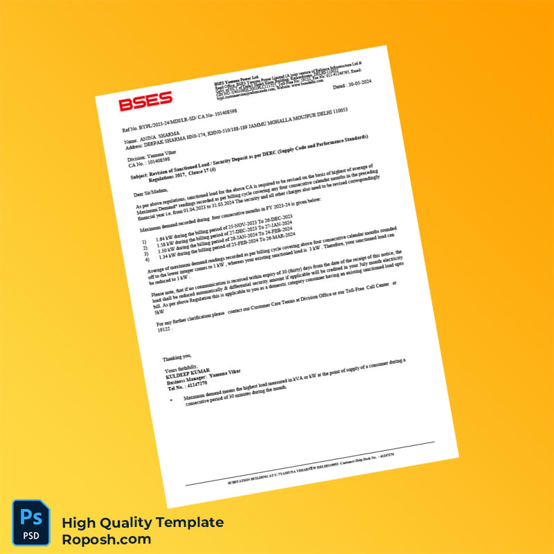 India BSES Yamuna Power Ltd Editable Utility Bill Template in Word and PDF formats 2 page India BSES Yamuna Power Ltd Editable Utility Bill Template in Word and PDF formats 2 page