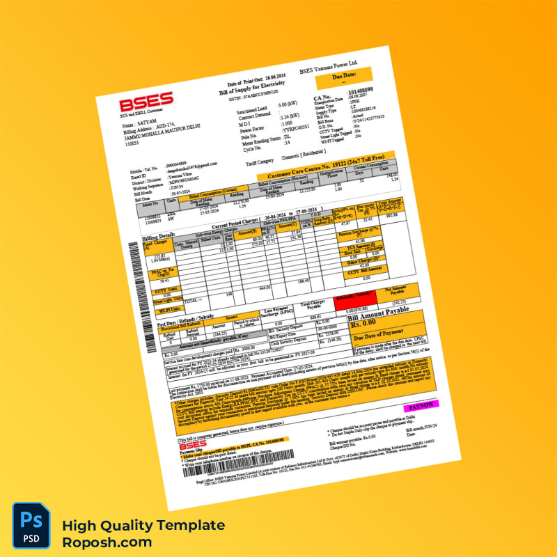 India BSES Yamuna Power Ltd Editable Utility Bill Template in Word and PDF formats 2 page India BSES Yamuna Power Ltd Editable Utility Bill Template in Word and PDF formats 2 page