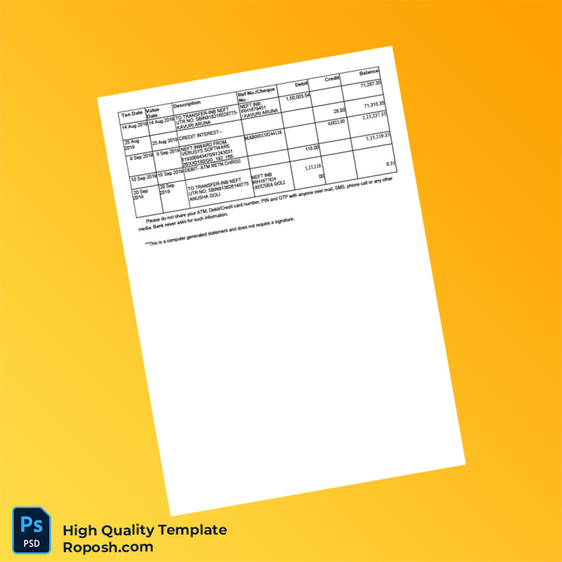 India Bank Account Statement Template in Word and PDF formats 3 page India Bank Account Statement Template in Word and PDF formats 3 page