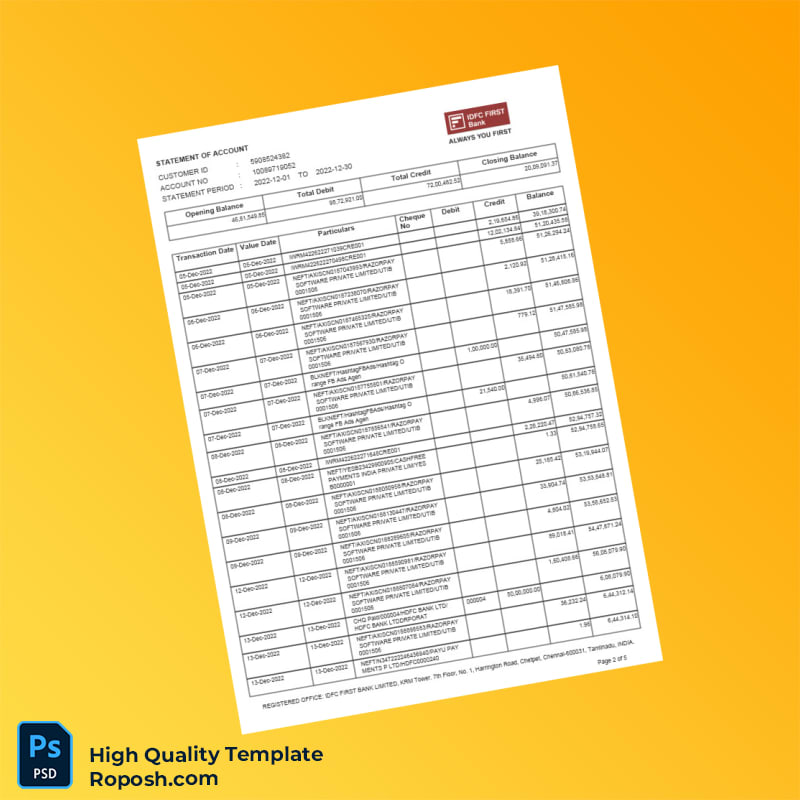 India Bank Statement of Payout Account Template in Word and PDF formats 5 page India Bank Statement of Payout Account Template in Word and PDF formats 5 page