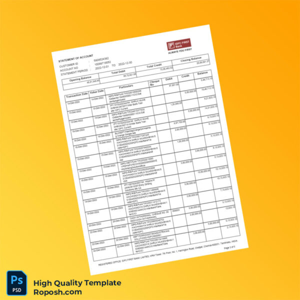 India Bank Statement of Payout Account Template in Word and PDF formats 5 page