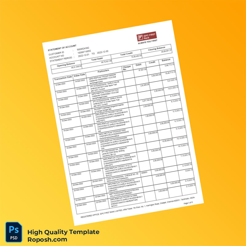 India Bank Statement of Payout Account Template in Word and PDF formats 5 page India Bank Statement of Payout Account Template in Word and PDF formats 5 page