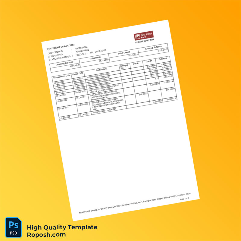 India Bank Statement of Payout Account Template in Word and PDF formats 5 page India Bank Statement of Payout Account Template in Word and PDF formats 5 page
