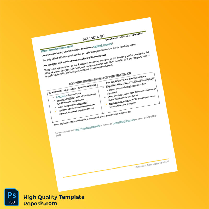 India BizIndiGo Technologies Pvt Ltd Editable Section 8 Company Guide Template in Word and PDF formats 2 page India BizIndiGo Technologies Pvt Ltd Editable Section 8 Company Guide Template in Word and PDF formats 2 page