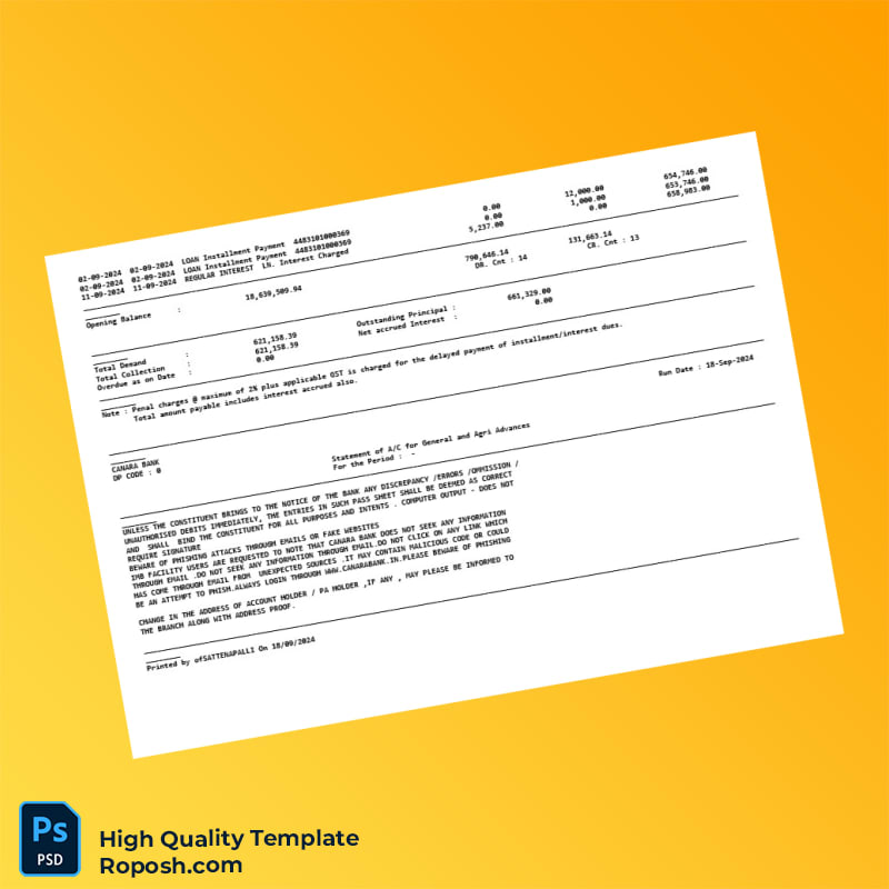 India CANARA BANK Loan Statement Template in Word and PDF formats 2 page India CANARA BANK Loan Statement Template in Word and PDF formats 2 page