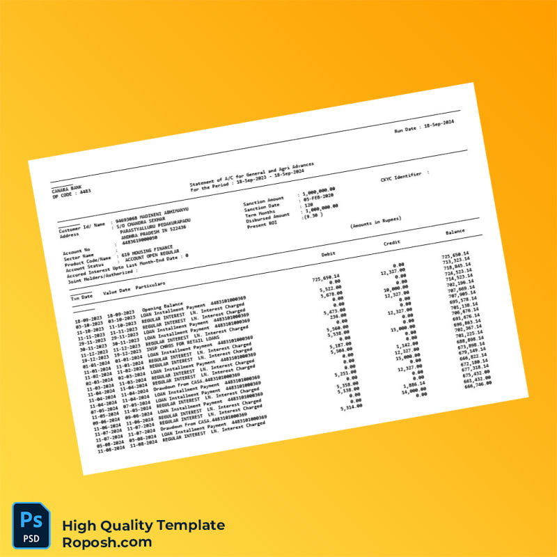 India CANARA BANK Loan Statement Template in Word and PDF formats 2 page India CANARA BANK Loan Statement Template in Word and PDF formats 2 page