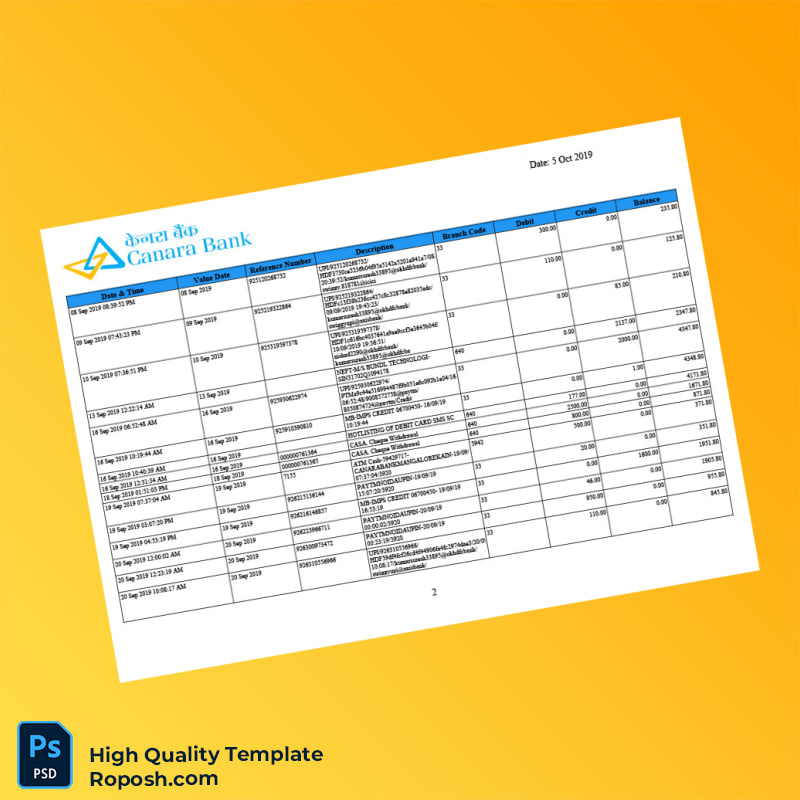 India Canara Bank Account Statement Template in Word and PDF formats 5 page India Canara Bank Account Statement Template in Word and PDF formats 5 page