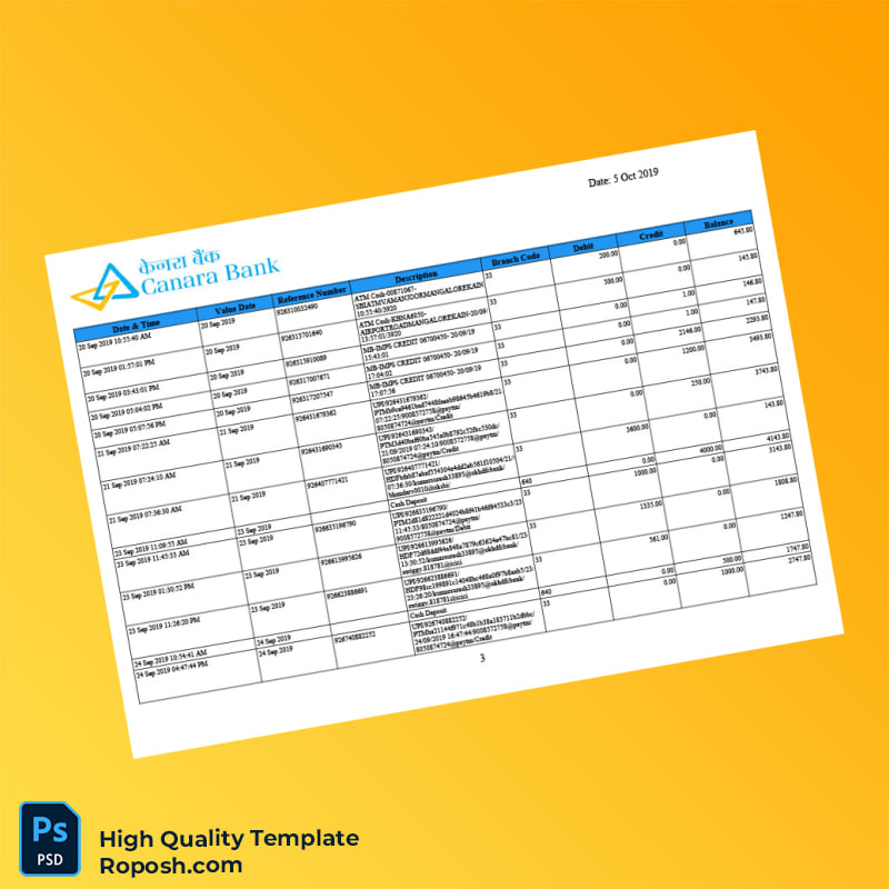 India Canara Bank Account Statement Template in Word and PDF formats 5 page India Canara Bank Account Statement Template in Word and PDF formats 5 page