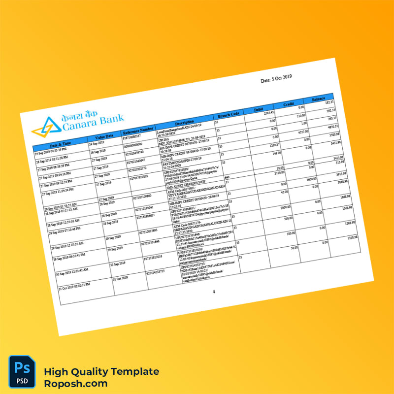 India Canara Bank Account Statement Template in Word and PDF formats 5 page India Canara Bank Account Statement Template in Word and PDF formats 5 page