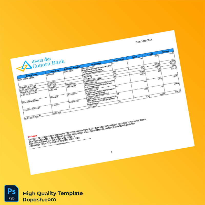 India Canara Bank Account Statement Template in Word and PDF formats 5 page India Canara Bank Account Statement Template in Word and PDF formats 5 page