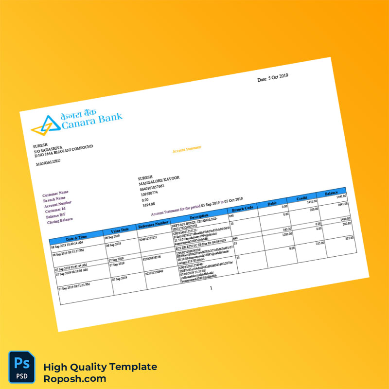 India Canara Bank Account Statement Template in Word and PDF formats 5 page India Canara Bank Account Statement Template in Word and PDF formats 5 page