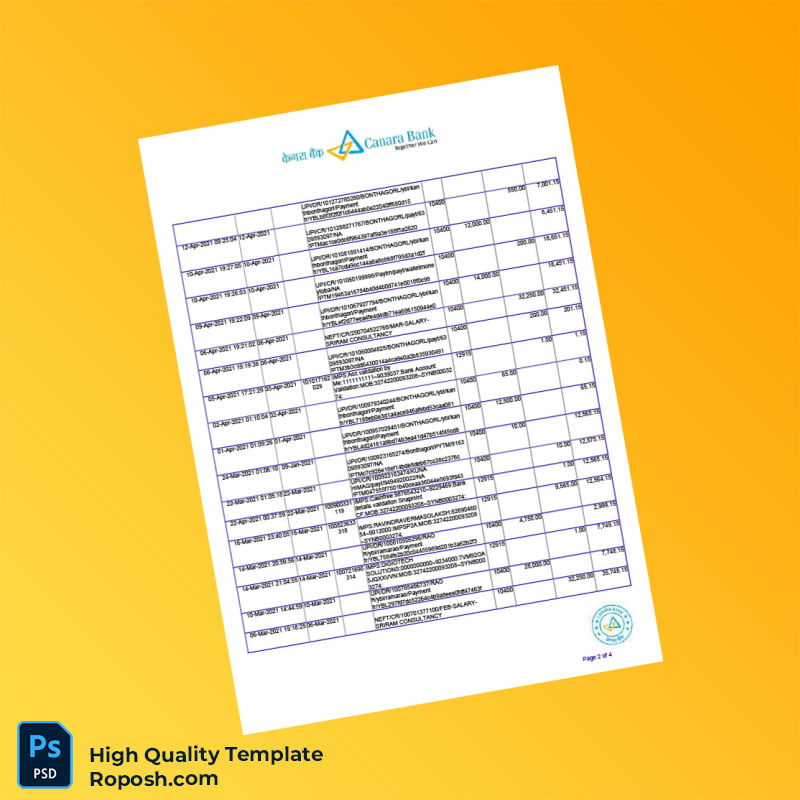 India Canara Bank Statement Template in Word and PDF formats 4 page India Canara Bank Statement Template in Word and PDF formats 4 page
