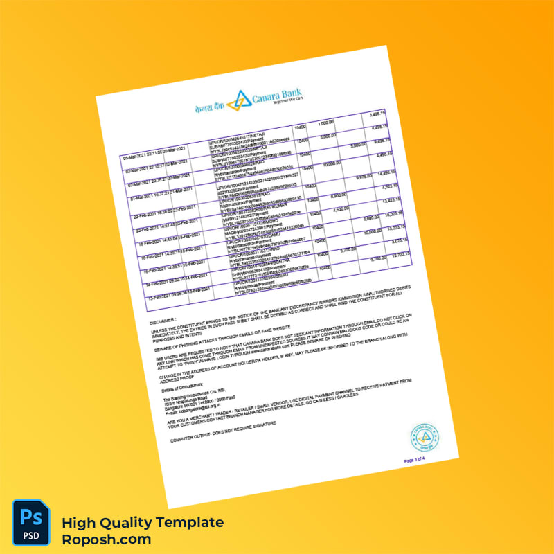 India Canara Bank Statement Template in Word and PDF formats 4 page India Canara Bank Statement Template in Word and PDF formats 4 page