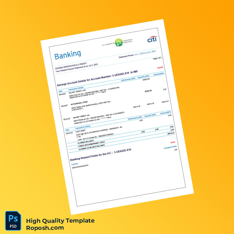 India Citi Bank Statement Template in Word and PDF formats 4 page India Citi Bank Statement Template in Word and PDF formats 4 page