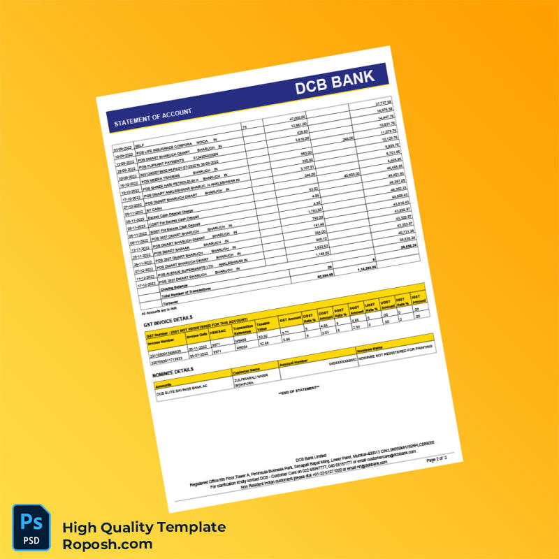 India DCB Bank Statement of Account Template in Word and PDF formats 2 page India DCB Bank Statement of Account Template in Word and PDF formats 2 page