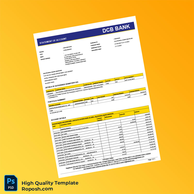 India DCB Bank Statement of Account Template in Word and PDF formats 2 page India DCB Bank Statement of Account Template in Word and PDF formats 2 page