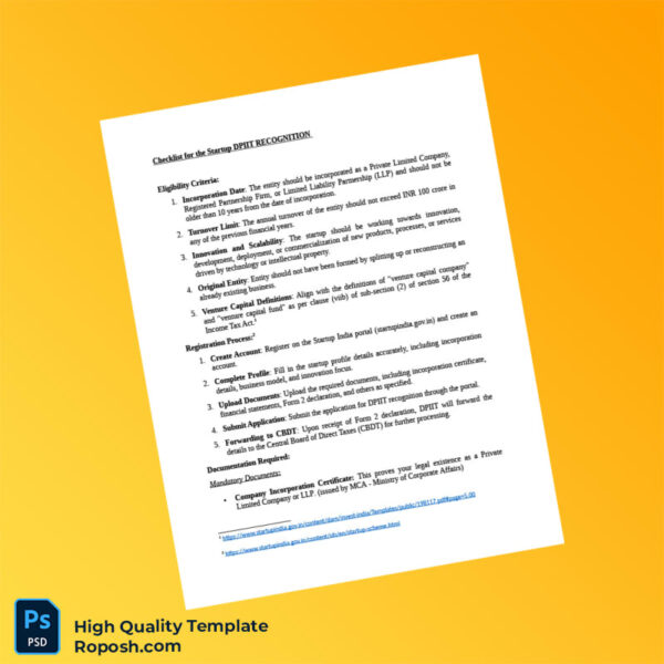 India Editable Checklist for the Startup DPIIT RECOGNITION Template in Word and PDF formats 3 page