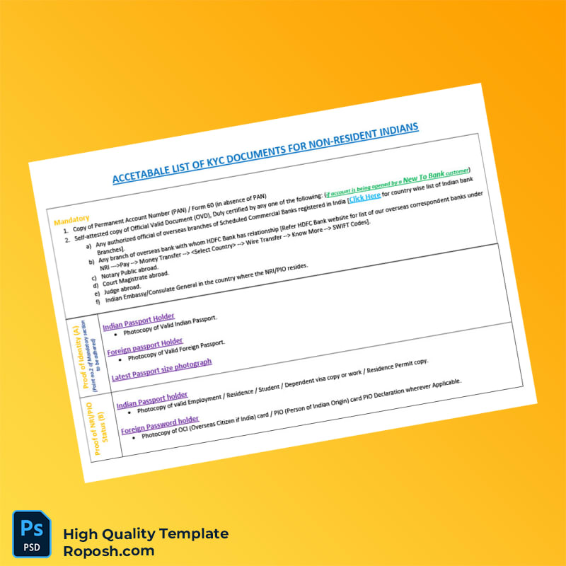 India Editable KYC Documents List for NRIs Template in Word and PDF formats 2 page India Editable KYC Documents List for NRIs Template in Word and PDF formats 2 page