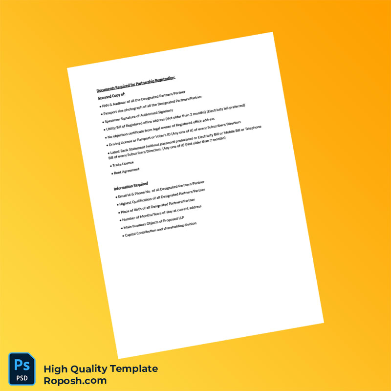 India Editable Partnership Registration Document Template in Word and PDF formats India Editable Partnership Registration Document Template in Word and PDF formats