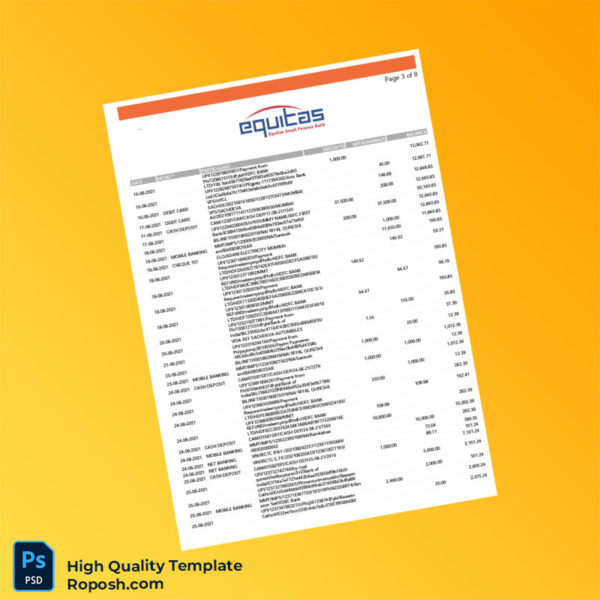 India Equitas Bank Statement Template in Word and PDF formats 8 page