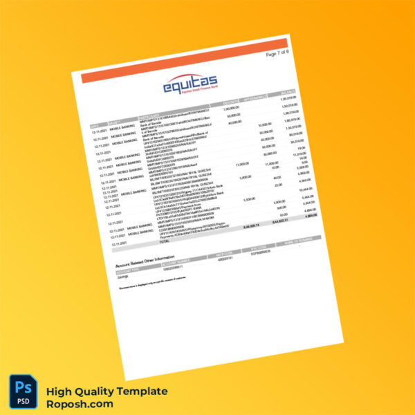 India Equitas Bank Statement Template in Word and PDF formats 8 page