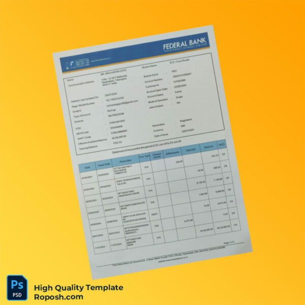 India Federal Bank Statement Template in Word and PDF formats 2 page