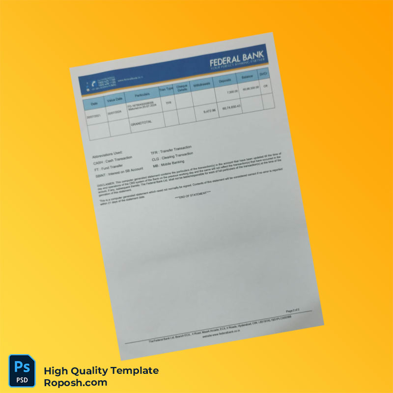 India Federal Bank Statement Template in Word and PDF formats 2 page India Federal Bank Statement Template in Word and PDF formats 2 page